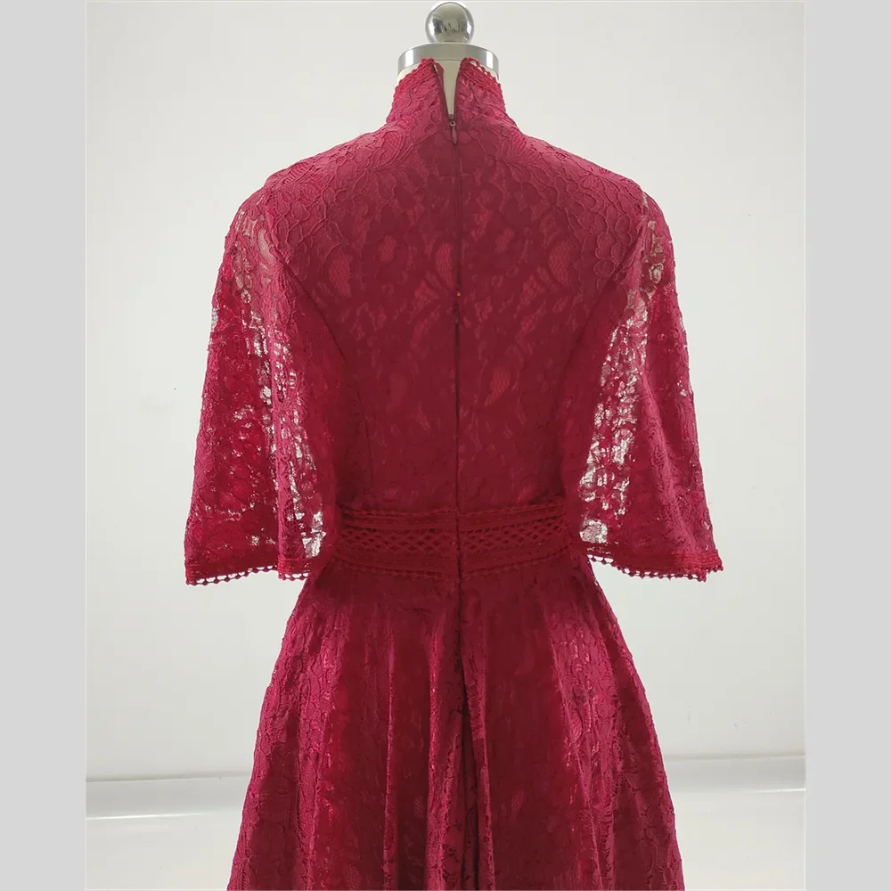 Robe de soirée en dentelle bordeaux classique pour femme, col haut, demi-manches, fermeture éclair, longueur de thé, robe trapèze, grande taille, personnalisée, robe de Rhformelle