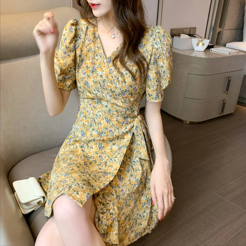 Summer Floral Print Mini Dresses Women Fashion V-neck Leace-up Short Sleeves A-line Dress Simple All-match Fresh Lady Vestidos