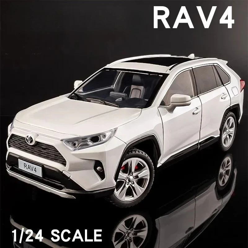 

1:24 Scale RAV4 Off-Road SUV Model Toy Cars Alloy Diecast Miniature Vehicles Doors Opened Pull Back Sound Light for Kids Gifts