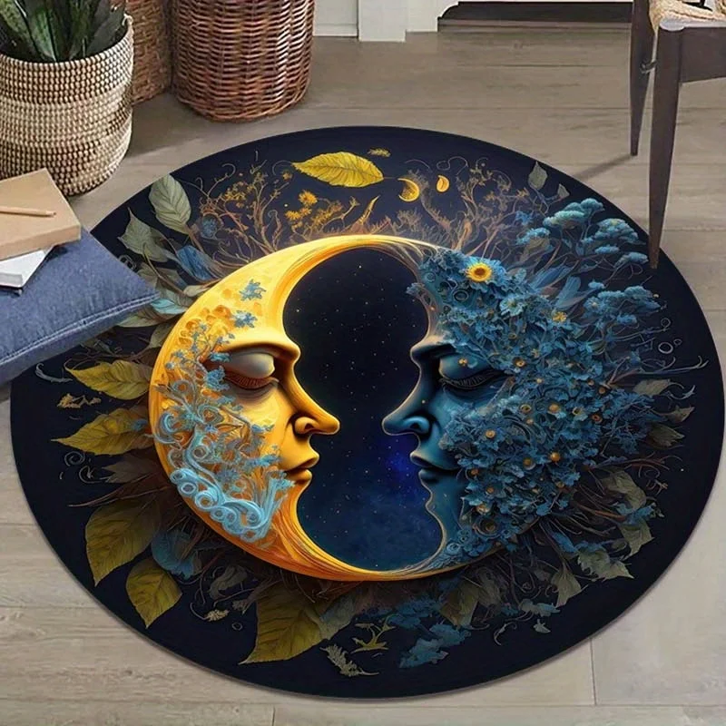 Mystical Starry Crescent Moon Round Rug Retro Golden Celestial Mandala Circular Mat Gothic Aesthetic Decor Floor Mat IndoorDecor