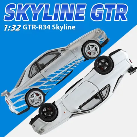 1:32 Nissan GTR R34 Skyline Supercar Legering Metall Gjuten Bilmodell Ljud & Ljus Samling av Hobbymodeller Trendig Ornament Gåva 6 best sales Nissan Almera Leksaksbilar - №2