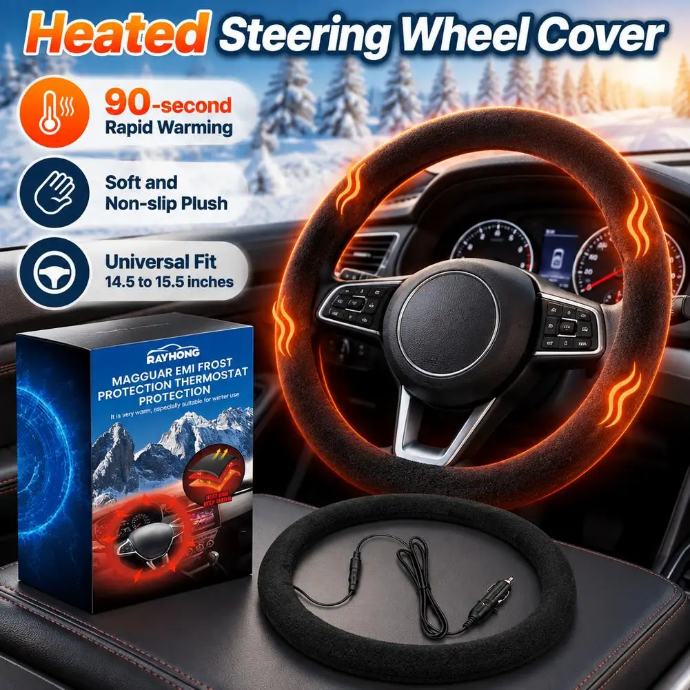 Heated Steering Wheel Cover 38cm Fast Heating Plush Non Slip Car Handle Sleeve Warm Hand Protector 12V Cigarette Lighter Winter