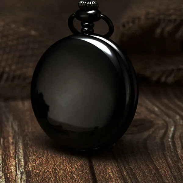 

Classic Black Smooth Case Men Women Quartz Analog Pocket Watch Arabic Numeral Dial Full Hunter Clock Necklace Pendant Chain Gift