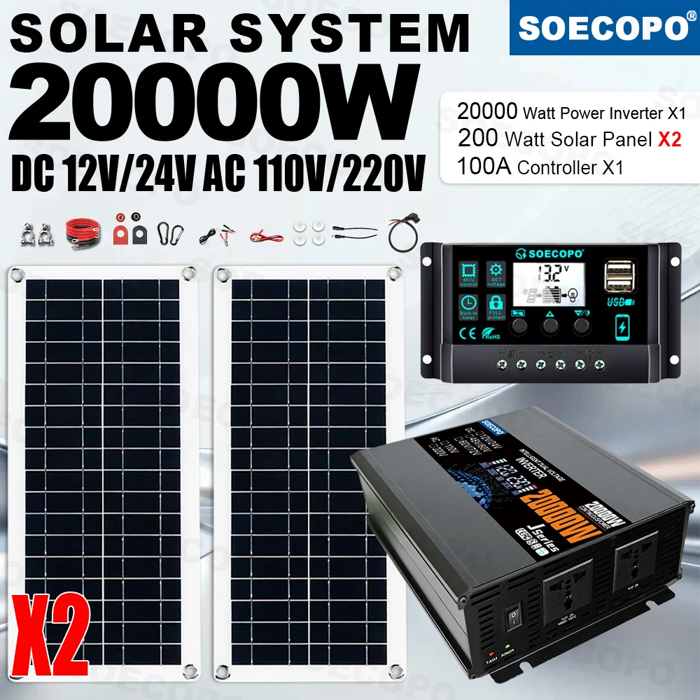 20000W Solar Kit Off-Grid Daily Power Stable Power +Controller+2×200W Panel+12V/24V DC 110V 220V AC Inverte for RV Picnic Garden
