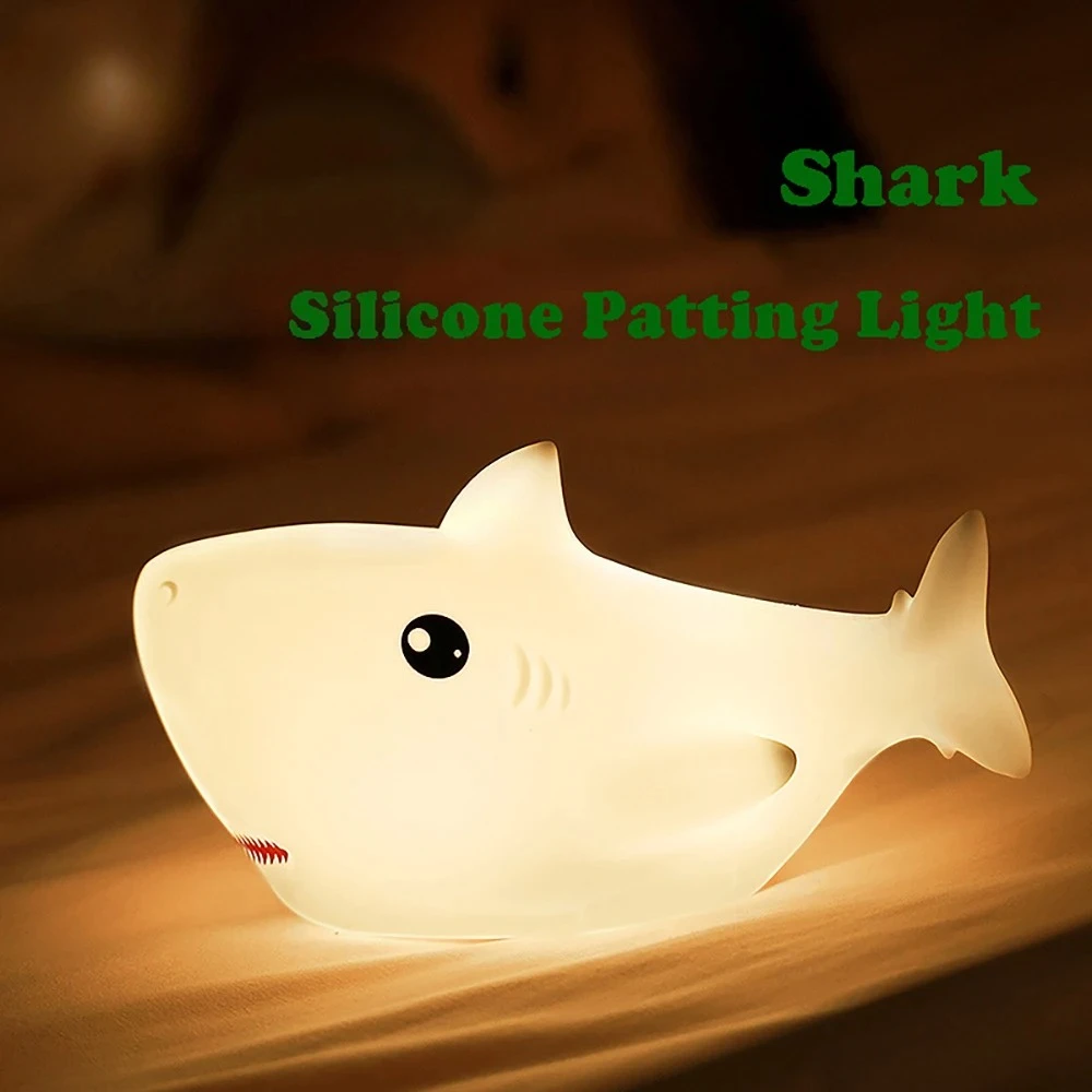 LED Night Lights USB Charging Cute Cartoon Shark Shape Silicone Patting Light Bedside Decor Atmosphere Lamp for Kids Baby Gifts