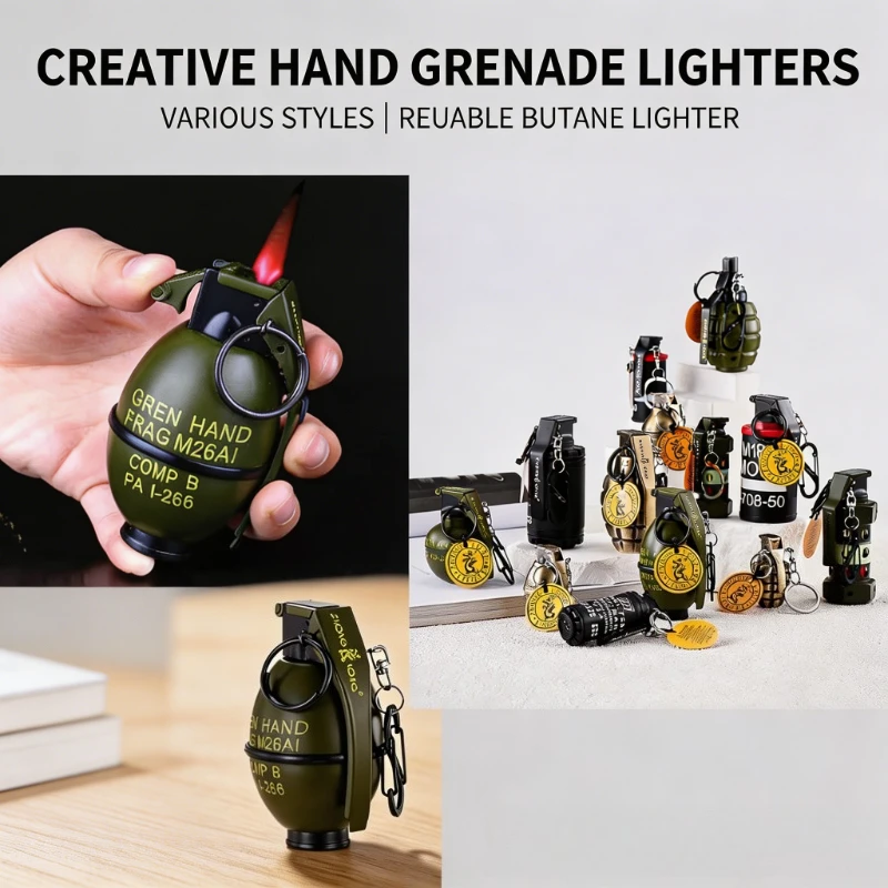 New 1:1 M26A1 Grenade Replica Lighter, Windproof Jet Flame Butane, Solid Metal Body, Detachable Keychain, Tactical EDC Tool