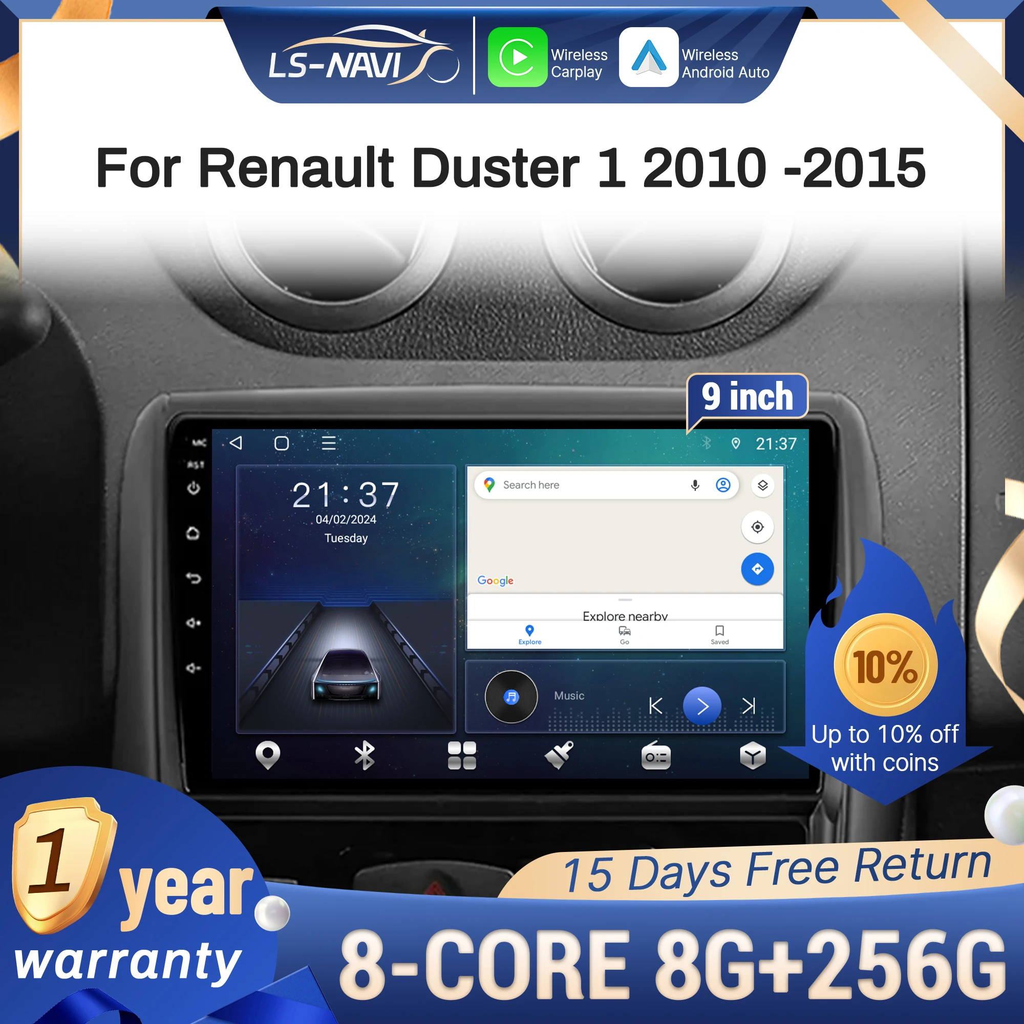 Para renault duster 1 2010-2015 rádio do carro gps navegação multimídia sem fio carplay 4g tela de toque unidade principal estéreo