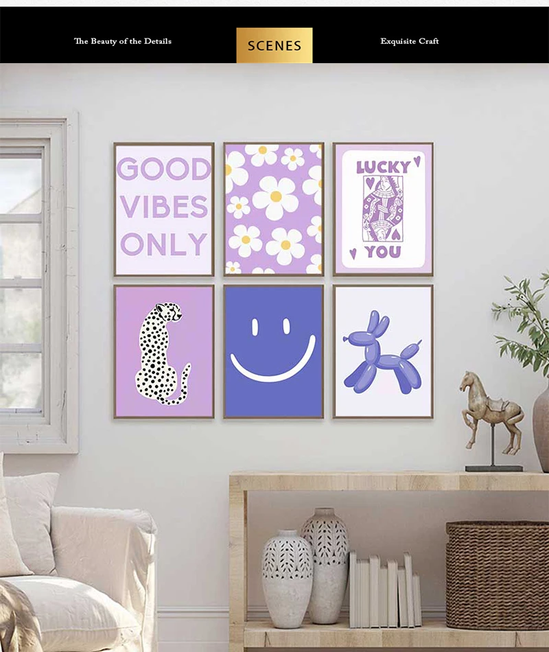 Canvas Painting Trendy Retro Wall Art Collage Dorm Room Decor Funky y2k Poster Floral Smile Purple Preppy Aesthetic Gallery