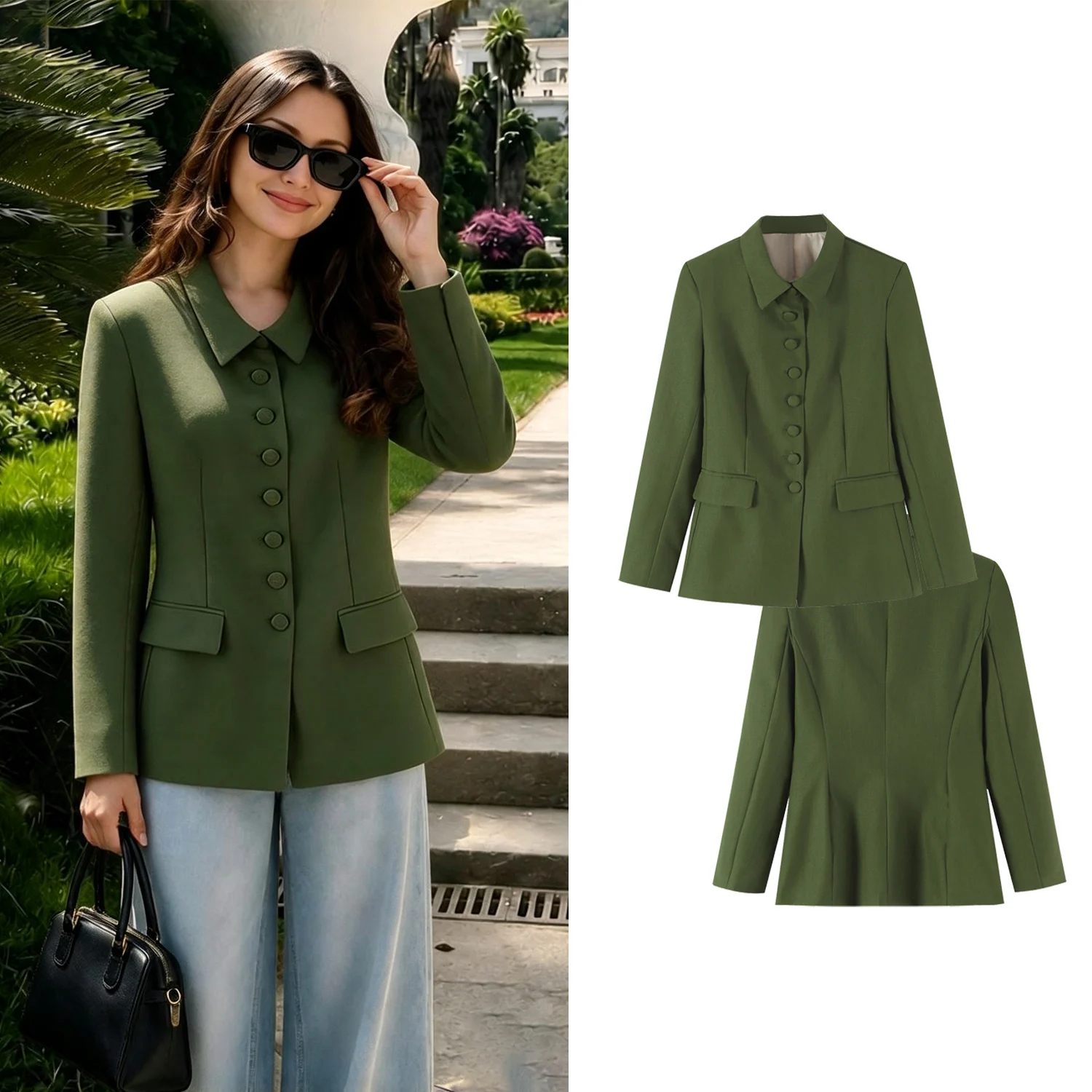 Women Green Stand Blazers Spring Autumn Female Slim Fit Single Breasted Suit Jackets Lady Elegant Ol Long Sleeve Outerwear Coats