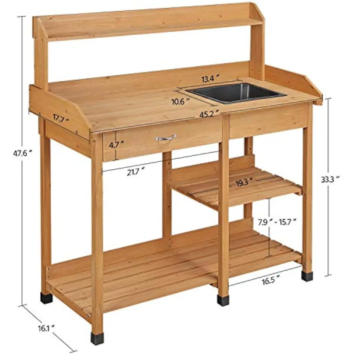 Outdoor gardening workstation with detachable basin, solid fir construction, dual-tier storage, non-slip rubber feet, weather-re