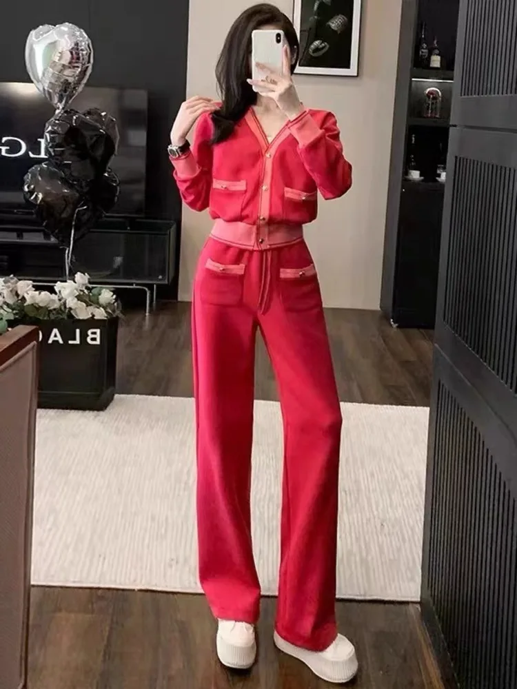 Knitting Pant Sets Outfits Women Autumn Winter Long Sleeve V-neck Cardigan + Wide Leg Pants Two Piece Suits Elegant Ladies Sets