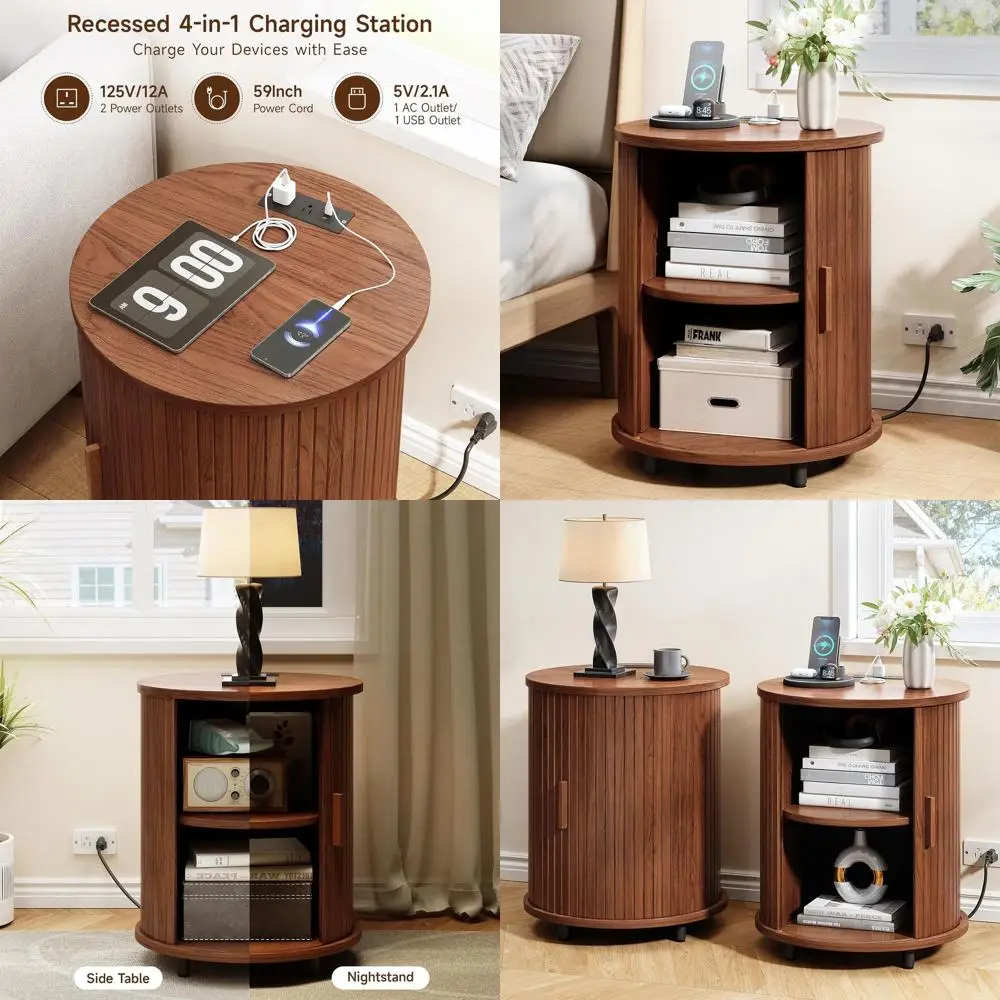 

Mid-Century Walnut Nightstand with Charging Station and Sliding Door Storage for Living Spaces