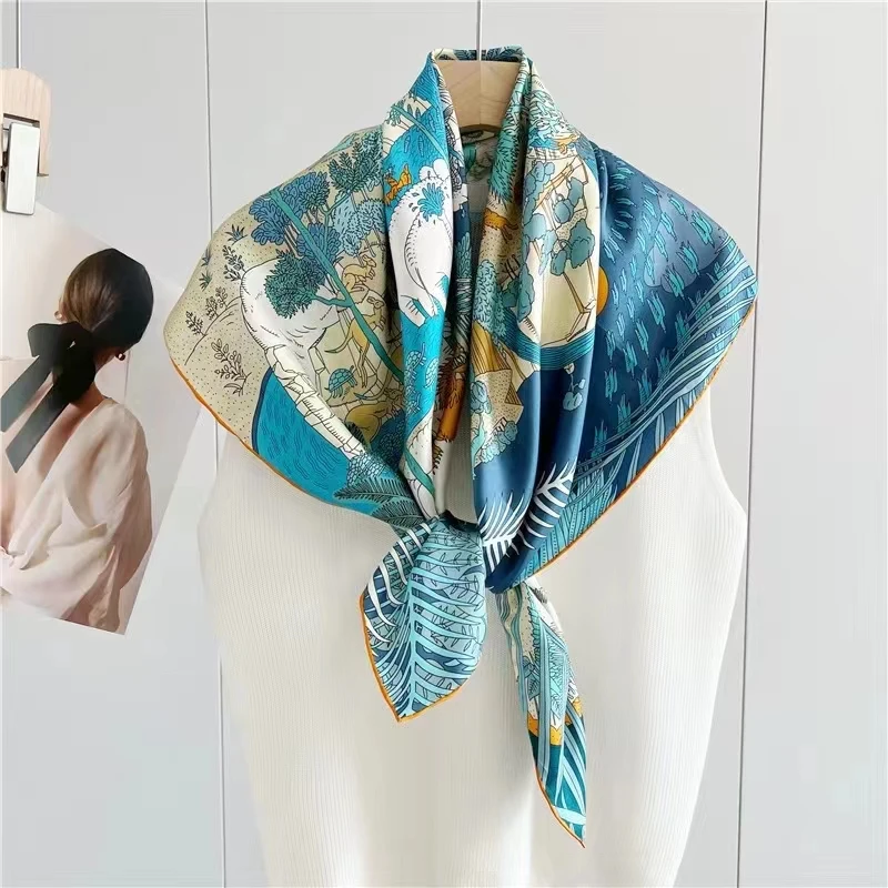 

Spring Autumn Blue White 100% Silk Women Silk Scarf Shawl Fashion Brand Ladies Square Scarves Hijabs Winter Shawls Foulard 90cm