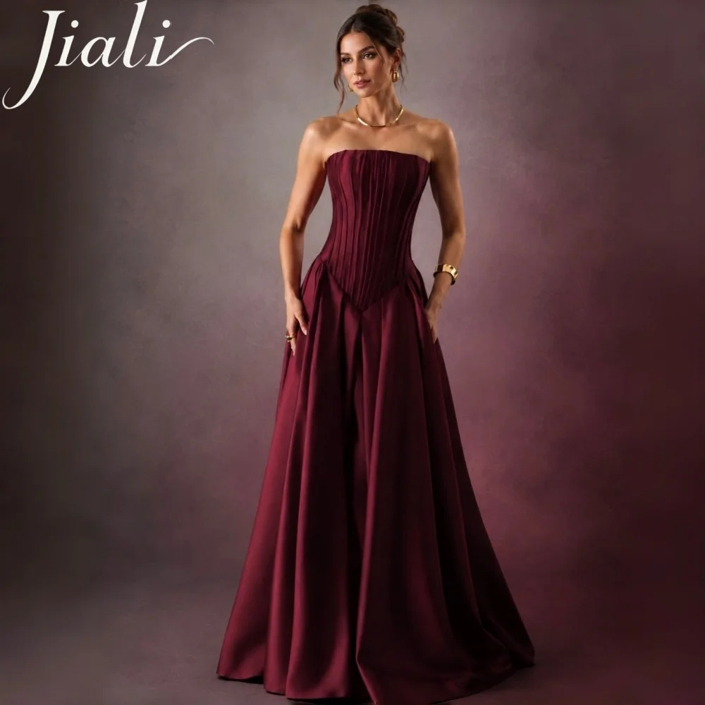 Jiali Customized Satin Claret Elegant Prom Gown Luxurious Strapless Evening Dress For Events Floor-Length Dubai Saudi Arab