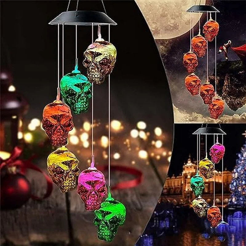 Halloween Skull Skeleton LED campanelli eolici solari per esterni per Halloween Outdoor portico Yard Garden facile installazione