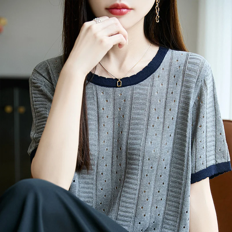 ฤดูร้อนคลาสสิกถักผู้หญิงเสื้อสวมหัวรอบคอเสื้อแขนสั้นนุ่มระบายอากาศได้คุณภาพสูงแฟชั่นยอดนิยม