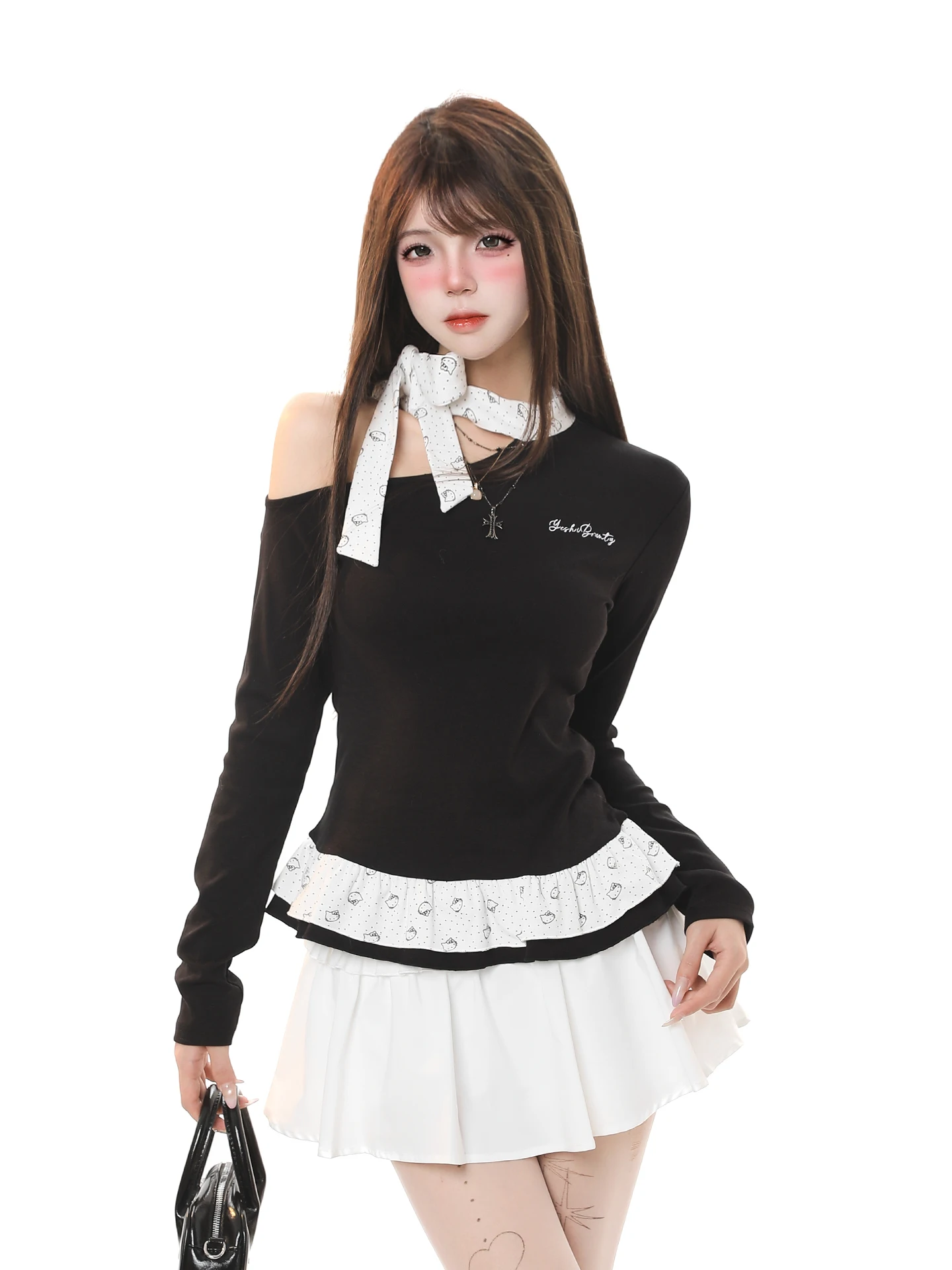 Stylish Long Sleeve T-Shirt Women's Spring Slimming Short Top Beautiful Strap Design Sensual Chic Girl Style Chinese Made