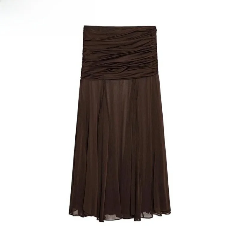 

New Summer Women's Midi Skirt A-Line Hem Folded Design Semi-Transparent Holiday Sle High Waist Commute Pure Color Other Mat...