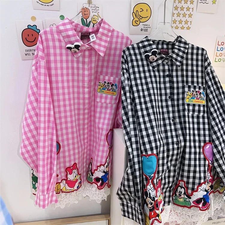 2024 Early Autumn New Loose Small Fresh Lace Embroidered Cartoon Plaid Long-sleeved Shirt Schoolgirl Sweet Pink Shirt Top