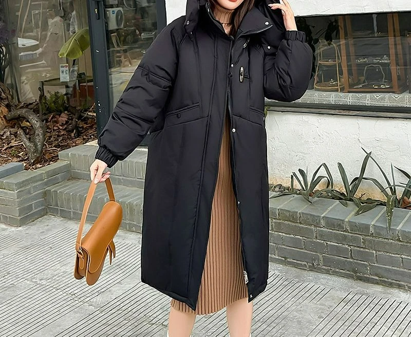 2025 Nuova giacca invernale lunga in cotone da donna, vestibilità ampia e addensata, moda calda e alla moda