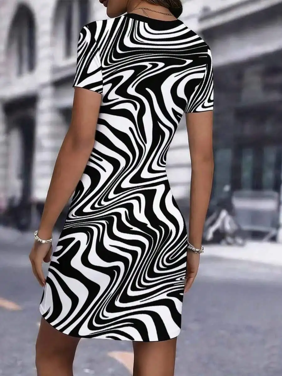 

Womens Black And White Swirl Print Bodycon Dress Short Sleeve Round Neck Mini Dress For Party Club Casual