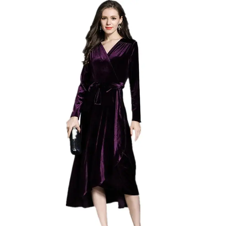 Ukraine Women elegant Party Dresses Spring and Autunm office lady lace up Ruffle velour dress Plus size velvet dress vestidos