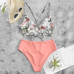 Two Piece Swimsuit Bikini Women 2024 Summer Beach Wear Suit Female Flower Print Split Sets New Fashion Sexy Backless Bikinis