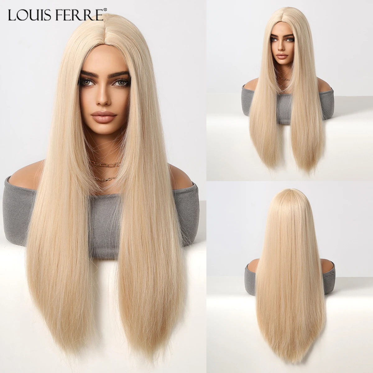 LOUIS FERRE Blonde Middle Part Synthetic Wigs for Women Girls Long Straight Natural Hair Daily Cosplay Heat Resistant Fiber Wigs