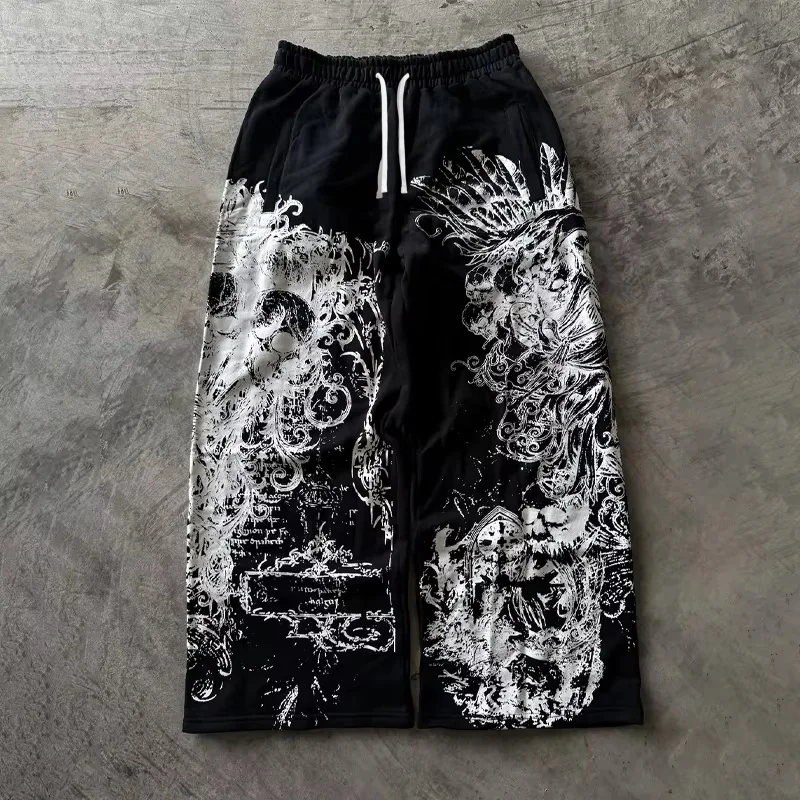 Summer Hot Gothic Skull Vintage Graffiti Full Print Wide Leg Pants Unisex Drawstring Y2K Hip Hop Streetwear Casual Trousers