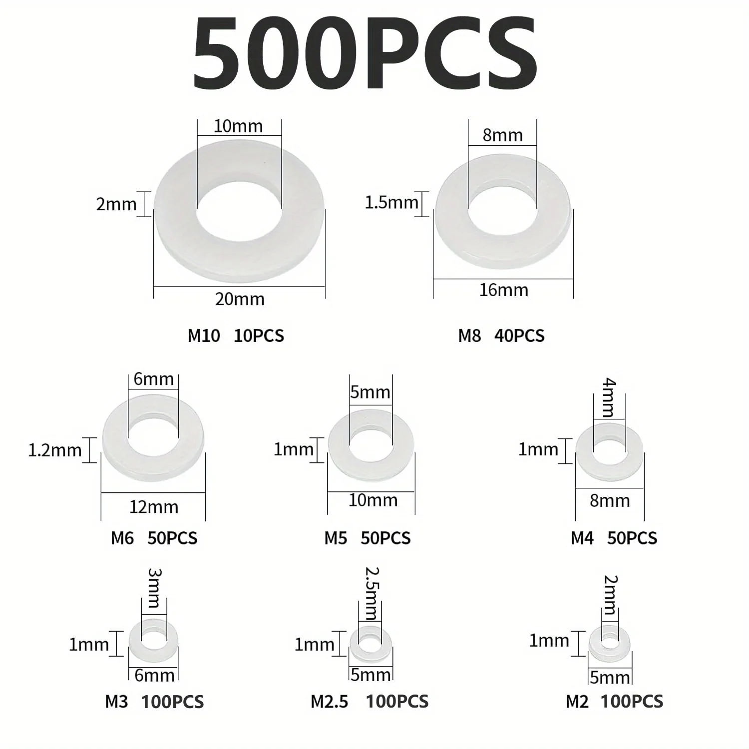 500Pcs M2 M2.5 M3 M4 M5 M6 M8 M10 White Plastic Nylon Flat Washer Flat Gasket Screw Bolt Insulation Washer Assembly Kit