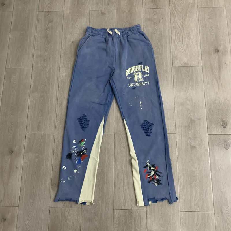 High Street Fashion Casual Roughplay Pants Men Women Splashed Ink Print Perforated Comfortable Sweatpants