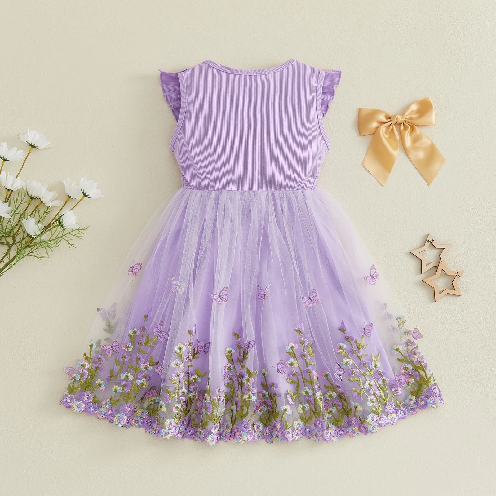 3-10Y Little Girl Princess Party Dresses with Bows Butterfly Flower Embroidered Ruffle Trim Sleeveless A-line Tulle ,Mesh Dress