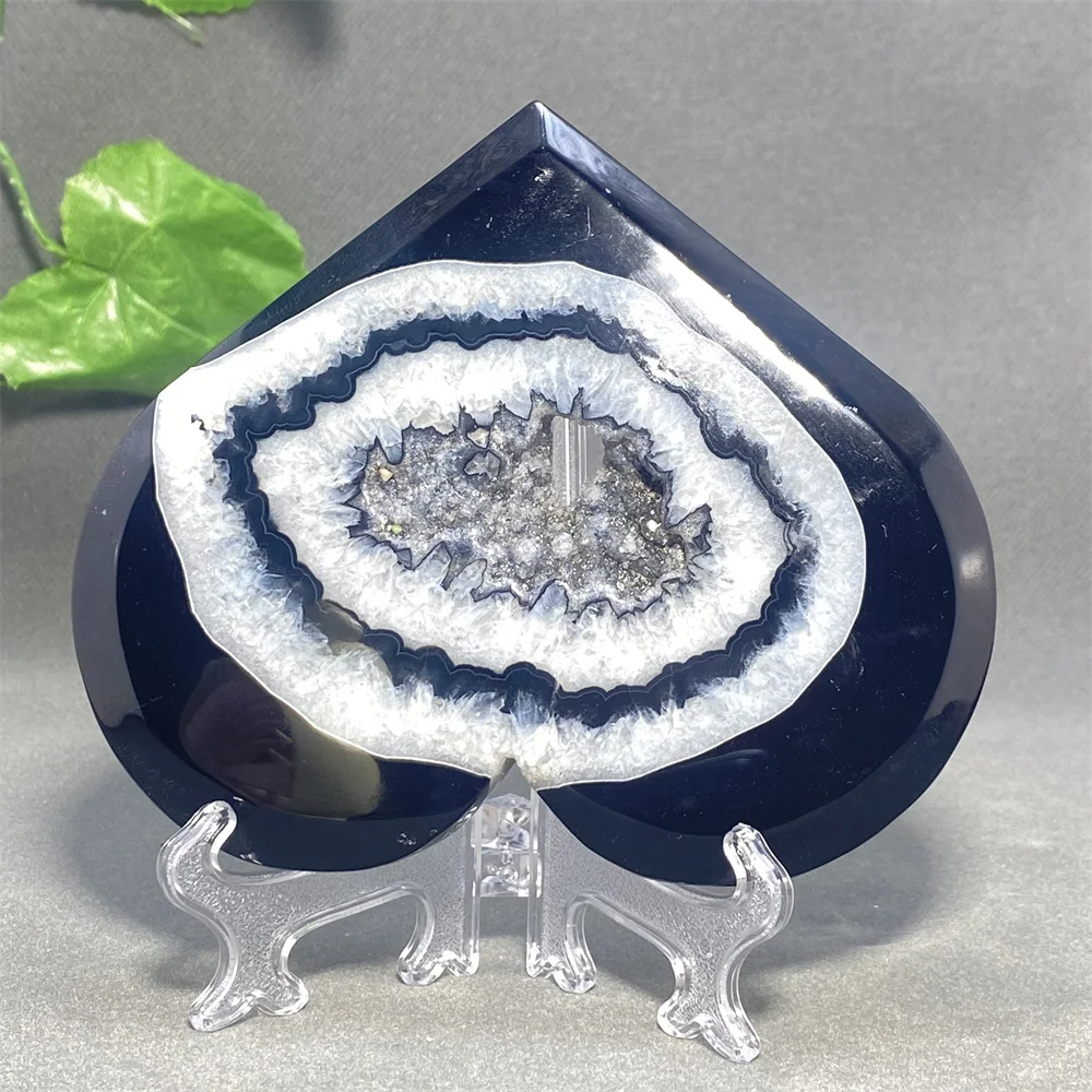 

New Natural Black Agate Geode Heart Shape Love Heart Cave Ornaments Meditation Home Decoration + Base