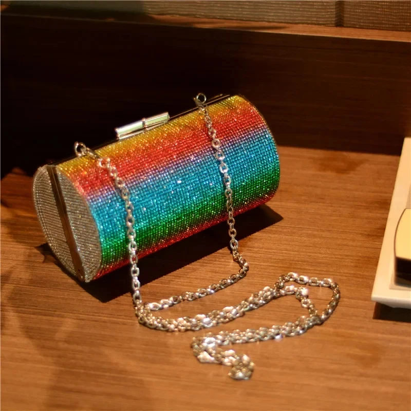 New Rainbow Diamond Evening Bag Diagonal Straddle Bag Women\'s Color Diamond Inlaid Cylinder Shoulder Bag Banquet Bag