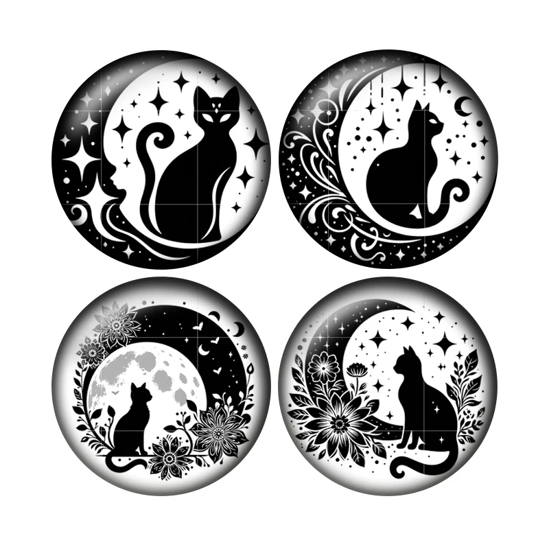 Moon&Star - Cabujones de Vidrio Redondos con Diseños de Gatos Negros, 12 Piezas, de 8 mm a 35 mm, para Creación de Joyería, T244