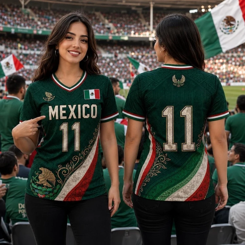 Mexico No.11 V-Neck Soccer Jersey, Quick Dry Breathable Tee for National Team Fan Streetwear Daily Casual Outfit Family Kids
