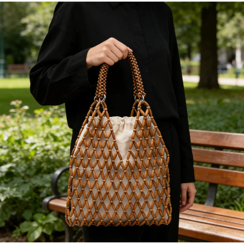 Ahornholz-Perlen-Handtasche, Damen Große Kapazität Hohle Strand-Urlaubstasche, Sommerliche Lässige Schicke Handgewebte Tragetasche – Detail 27
