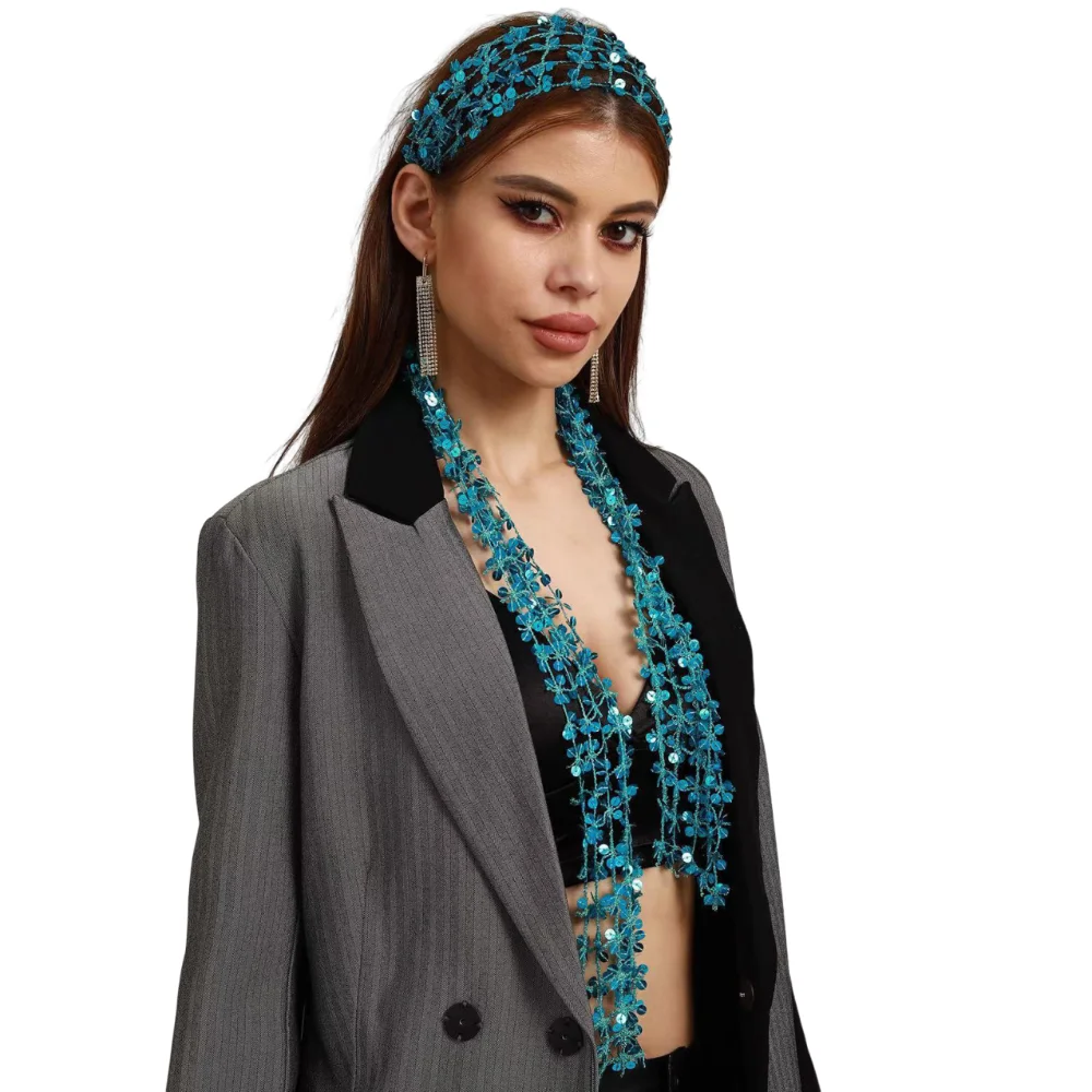 

Блестящий шарф с блестками на шею в форме цветка, полая поясная цепочка, разноцветный блестящий украшенный сверкающим аксессуаром для волос для женщин