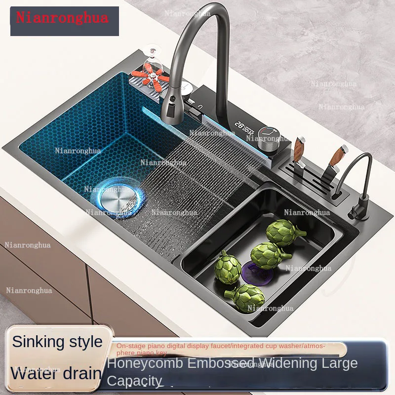 多機能家庭用洗面台,ハニカムフライ,レインカスケード,シングルシンク,304ステンレス鋼,デジタルディスプレイ,ハンドエンボス加工