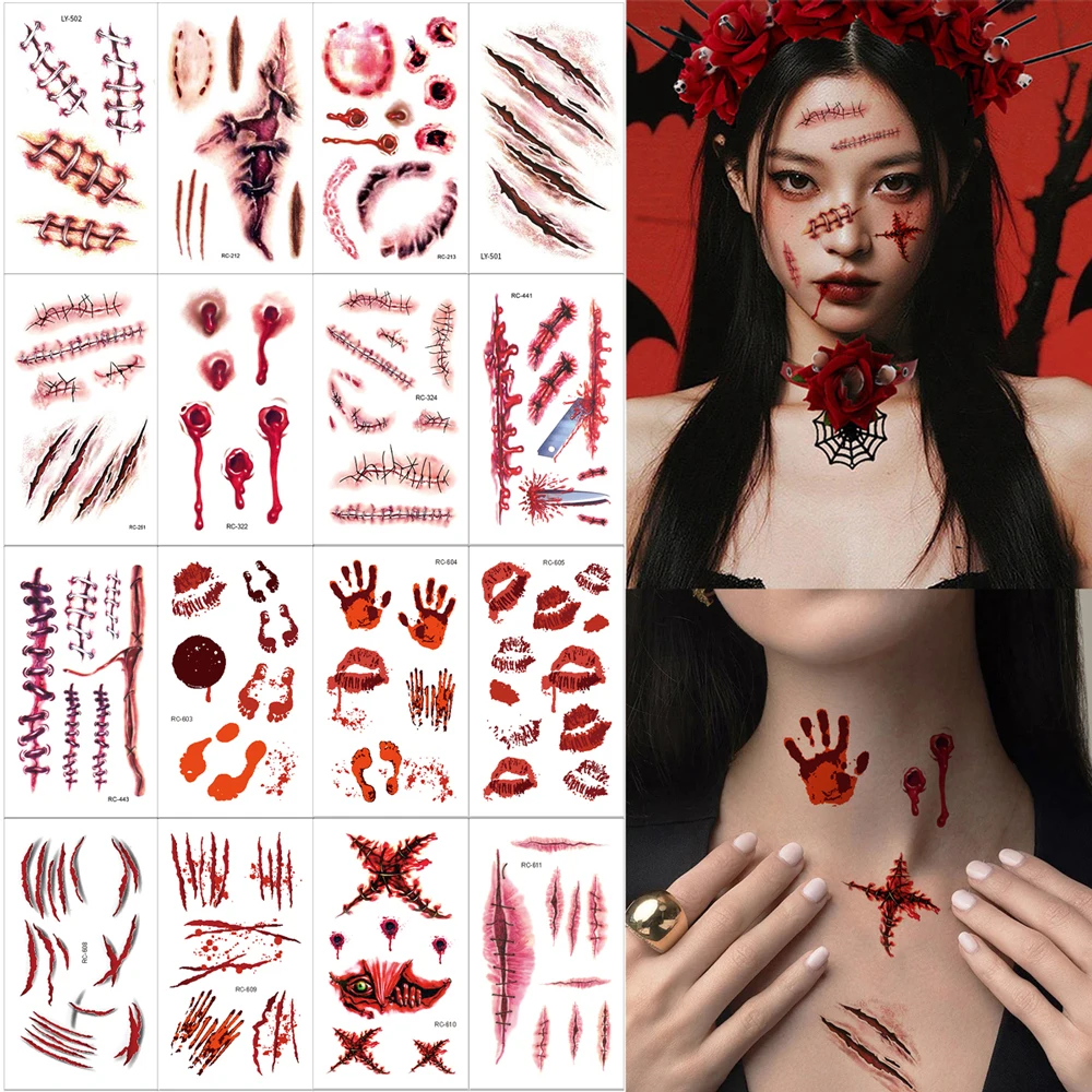

16pcs Zombie Temporary Tattoos for Halloween Fake Scar Realistic Blood Fake Wounds Tattoos Waterproof for Men Women Face Makeup