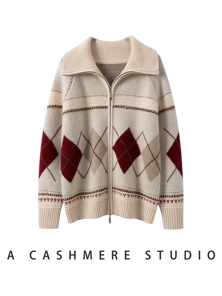 ADDONEE Designer Brand Women Sweater Autumn Winter Knit Coat 100% Cashmere Sweater Cardigan Color Blocked Diamond Shape Clothes