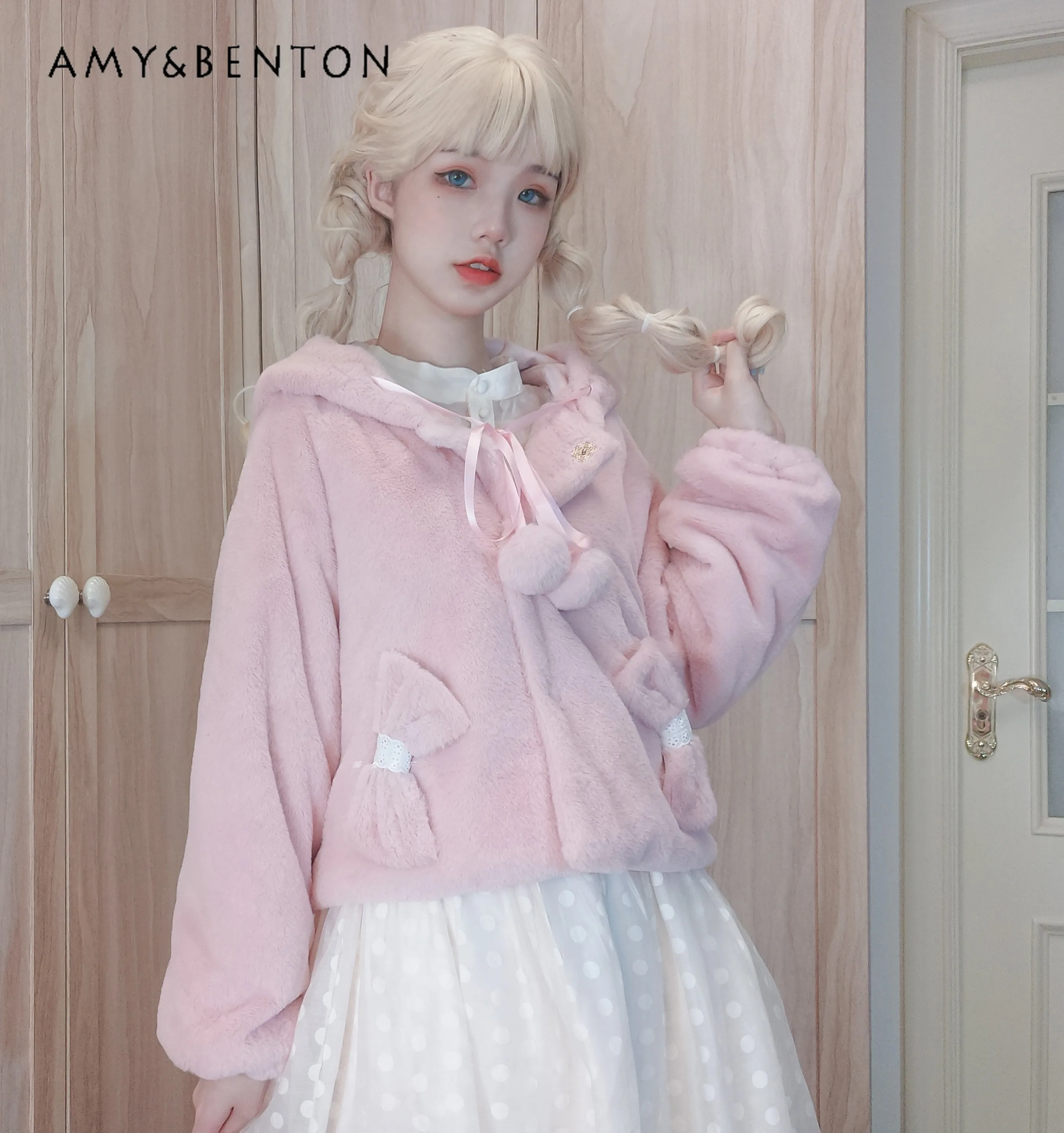 Japanese Sweet Cute Bow Pocket Hooded Coat Autumn Winter New Lolita Soft Fur Ball Pendant Loose Slim Kawaii Coat Commute JK Coat