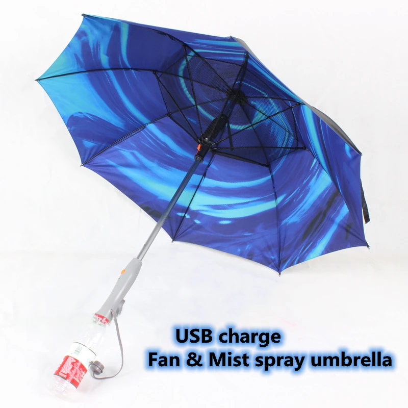 

Summer USB Charge Cool Umbrella with Fan and Mist Spray Long Sunny and Rainy Beach Umbrellas Creative Gift for Men Boys