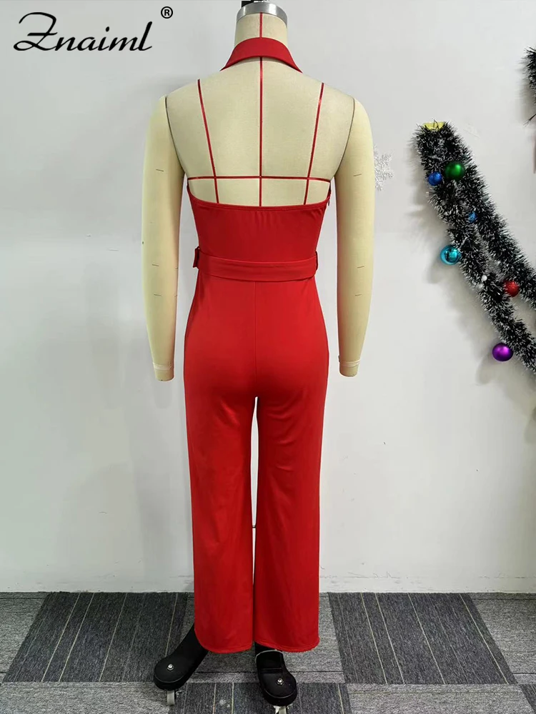 Znaiml Women Halter Backless Red Jumpsuit with Belt Elegant Party Loose Wide Legs Pant Rompers Fashion Birthday Club Overalls