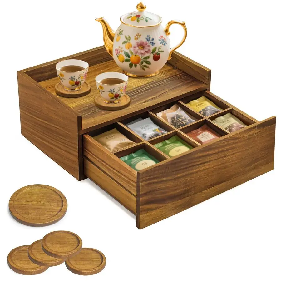 

Acacia Wood Tea Box Organizer Storage Box with 5 Wooden Coasters, Tea Bags Organizer Chest Storage with Drawer, Tea Bag Box for