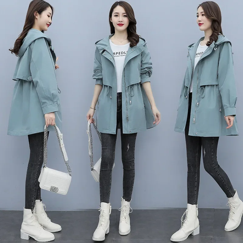 

Spring and Autumn Mid-length Trench Coat Hooded Zipper Tie-in Jackets British Style Loose Coat Women Clothing Safari Style G20