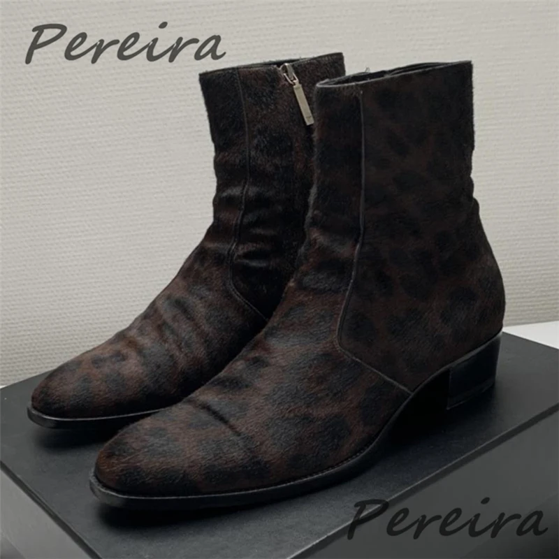 Autumn Winter Retro Men's Chelsea Boots Leopard Print Fur Genuine Leather Thick Heel Short Boots British Style Male Dress Shoes