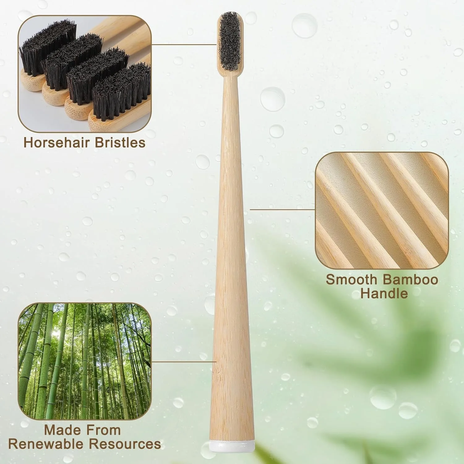 4-Pack Horse Bristle & Bamboo Toothbrush-Luxurious&Soft Horse Bristles-Fully Biodegradable - Plastic&Nylon Free-Quick Dry Design