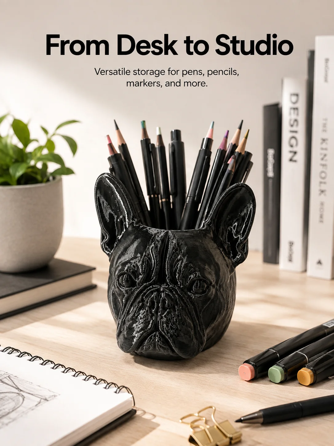 Desktop storage French Bulldog pen holder, animal-shaped bulldog pencil holder, dog statue ornament, PETG black glossy finish sturdy plastic pen container, multifunctional pen storage container, desktop pen cup, desktop storage box for stationery, makeup brush storage holder, office and study supplies, unique and creative desktop decoration, gift for dog lovers, desktop decoration accessory