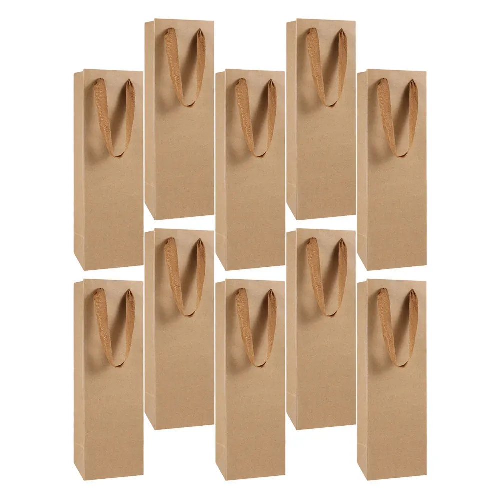 

10pcs Bags Kraft Paper 11x9x35cm Tote Packing Reusable Bottle Carrier Bar Tools Kitchen Supplies Gift Bags